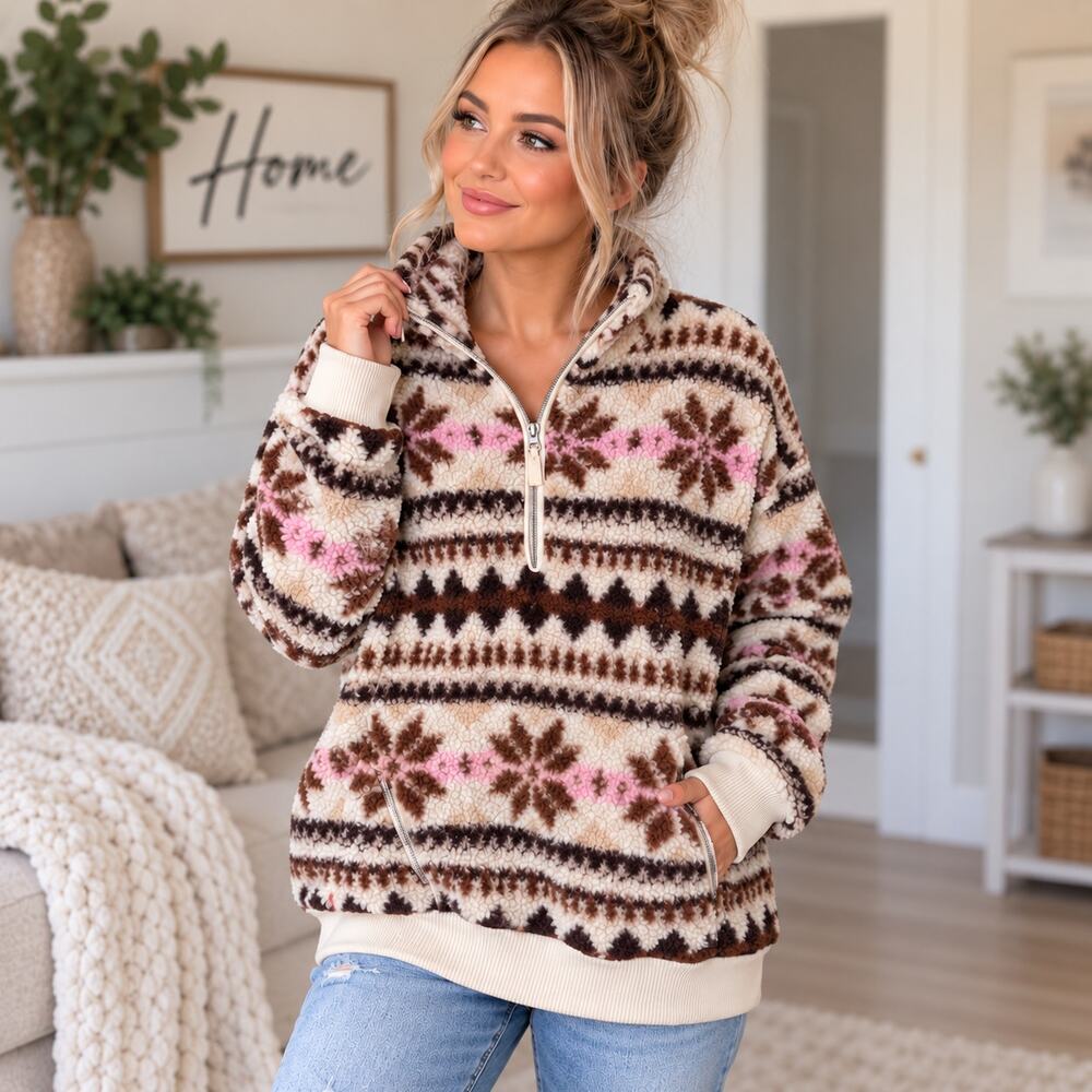 Aerie Love This Moment Sherpa Fair Isle Quarter Zip Pullover Pink Brown Size S